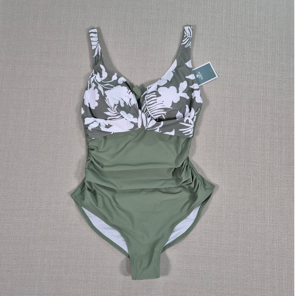 Eomenie Womens One Piece Swimsuit Olive Green Floral Ruched Tummy Control Size M